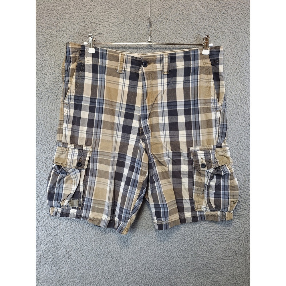 Denizen from‎ Levi's Cargo Shorts Mens 38 Navy Brown Plaid Cotton Casual Outdoor